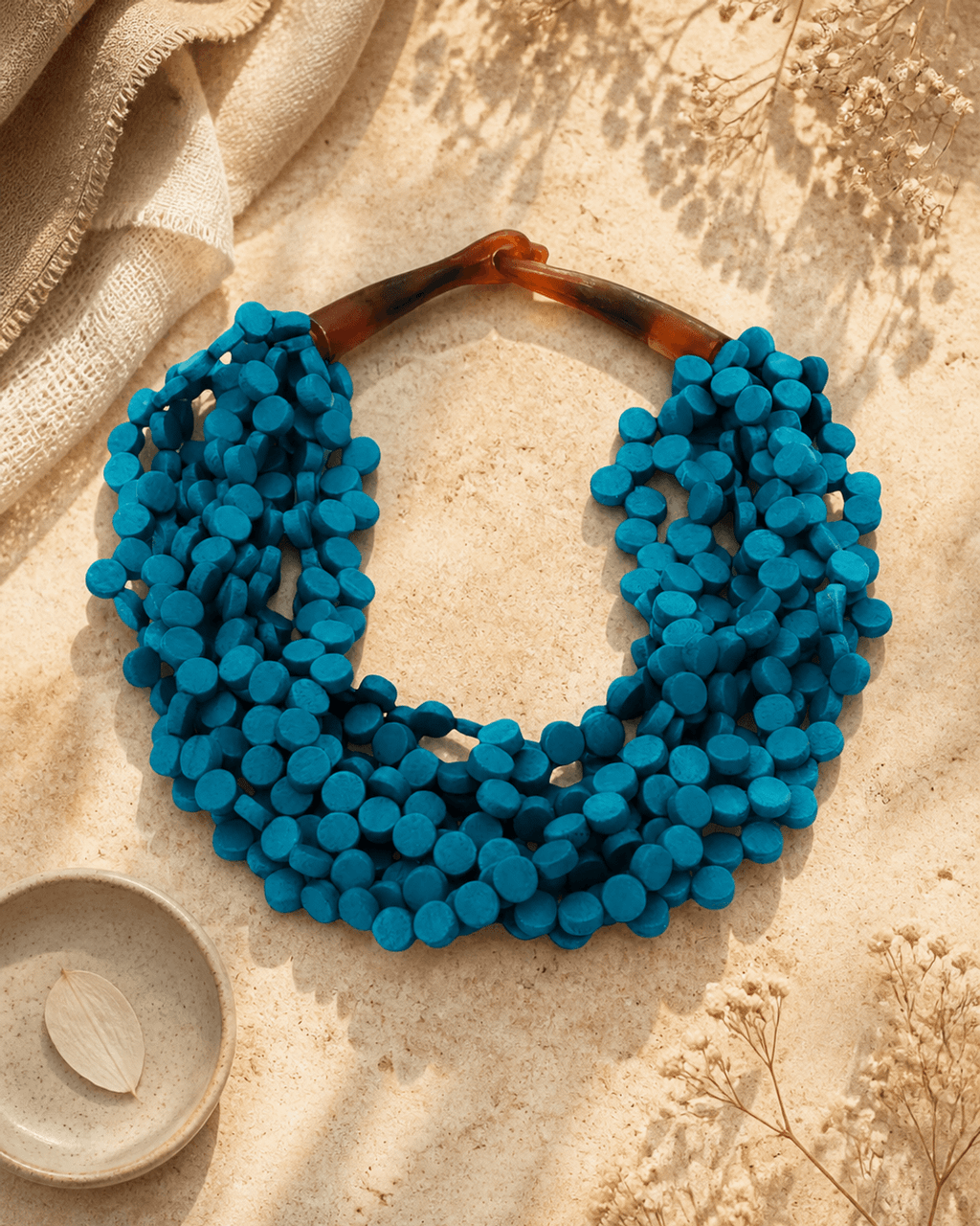 Twisted Teal Wood Disc Multi-Strand Necklace
