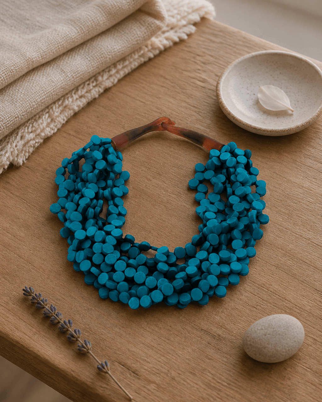 Twisted Teal Wood Disc Multi-Strand Necklace
