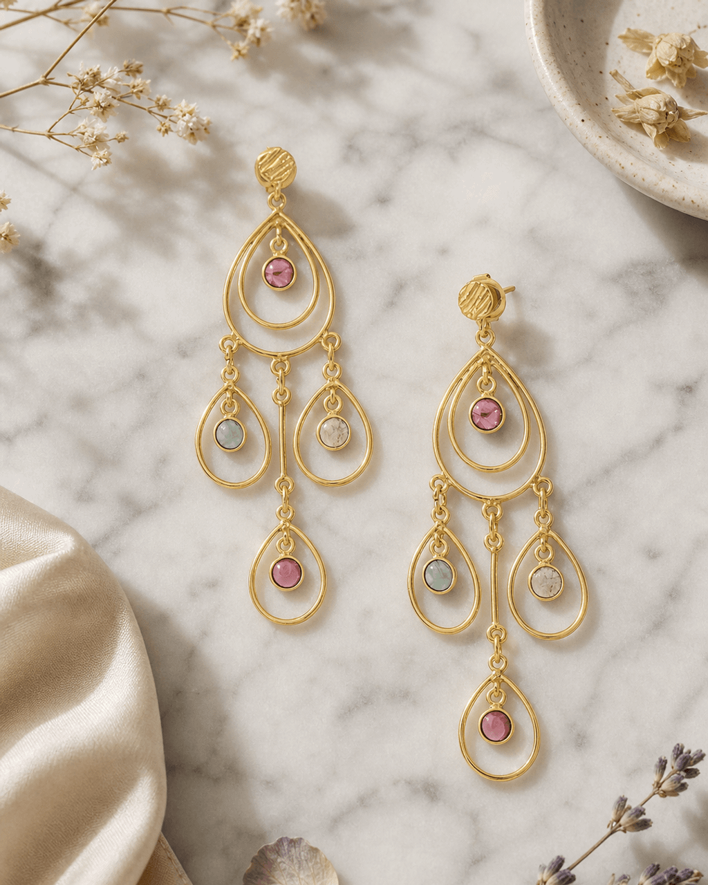 Nested Teardrop Chandelier Earrings with Tourmaline