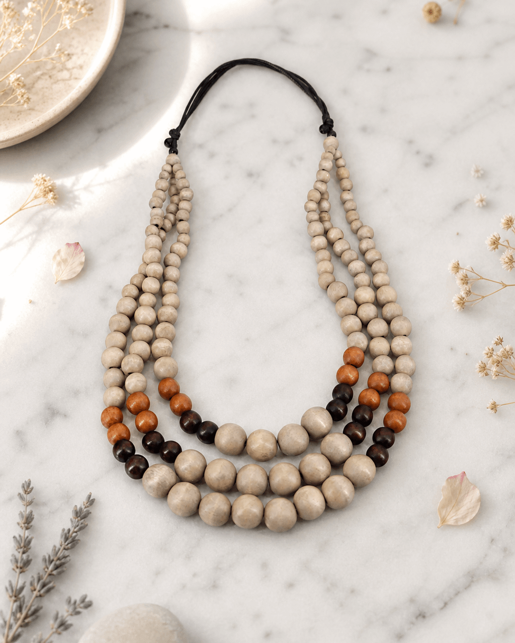 Layered Wood Bead Necklace in Taupe, Tan and Cherry