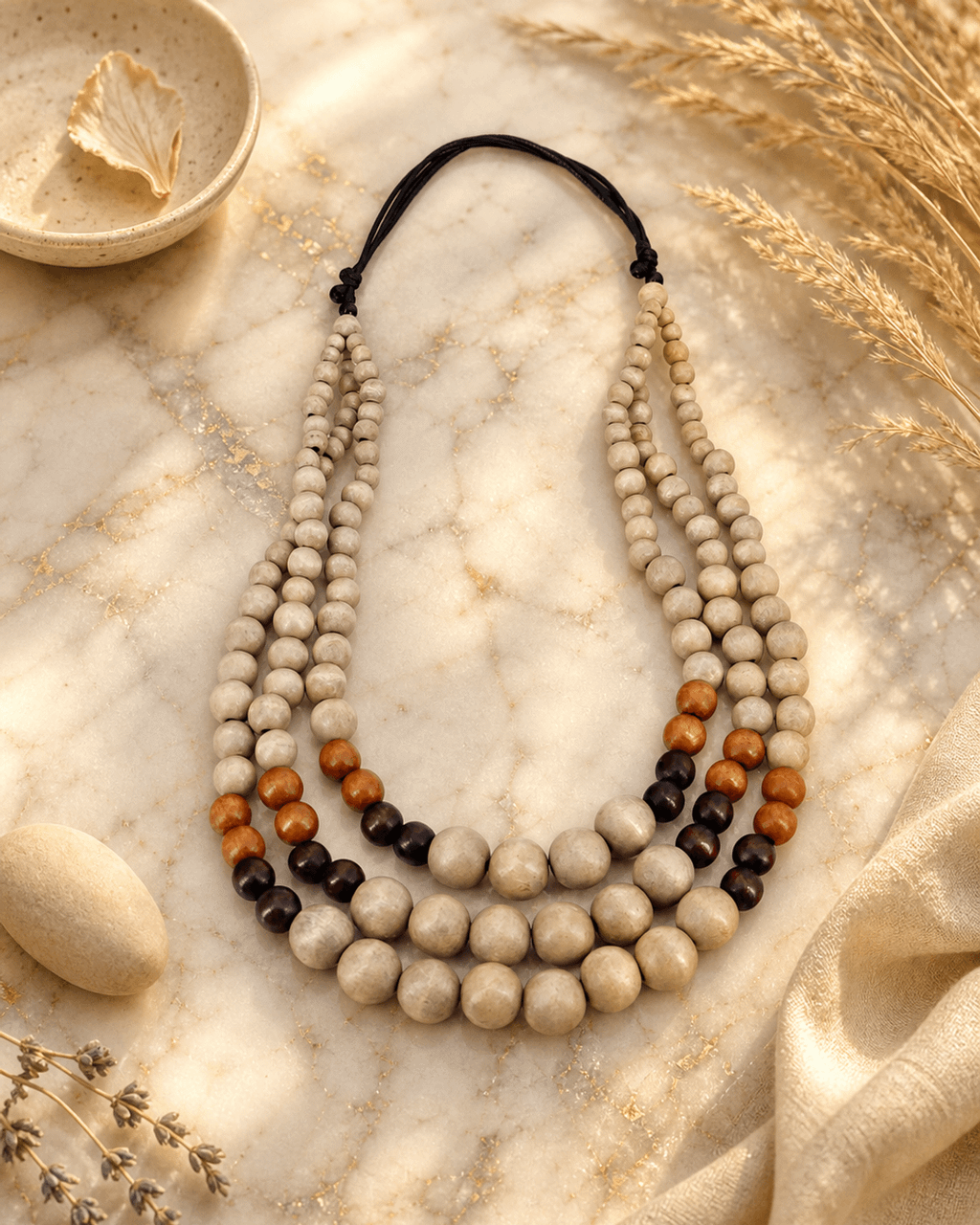 Layered Wood Bead Necklace in Taupe, Tan and Cherry