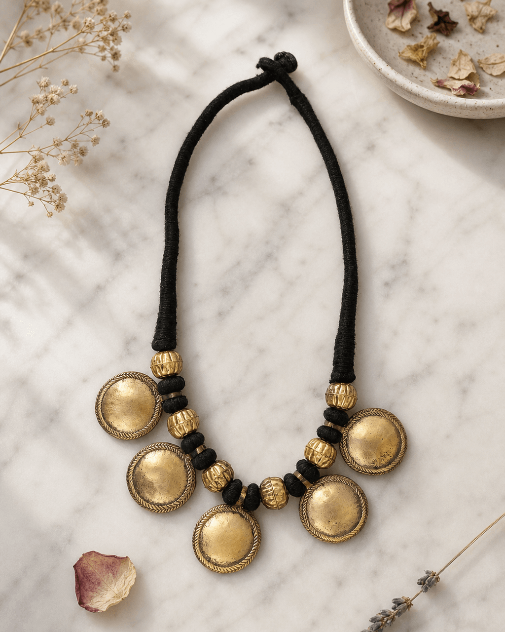 Domed Disc Necklace on Knotted Black Cord