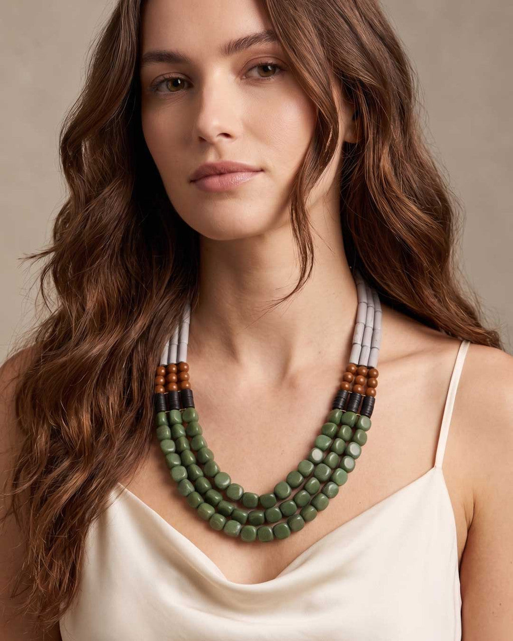 Color-Blocked Triple-Strand Beaded Necklace