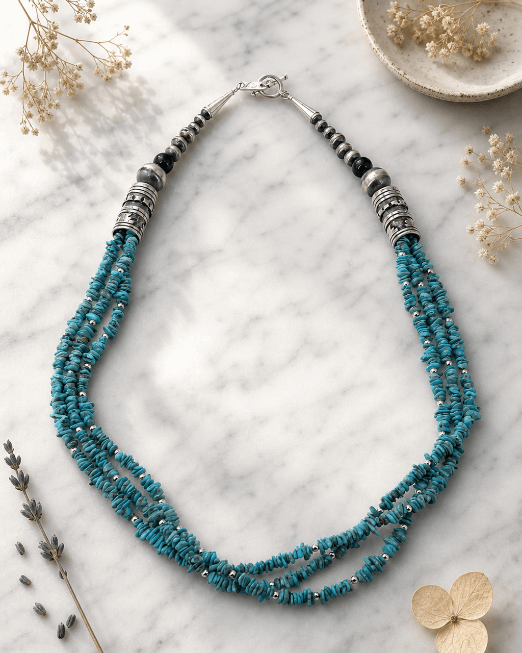 Triple-Strand Turquoise Chip and Sterling Silver Necklace