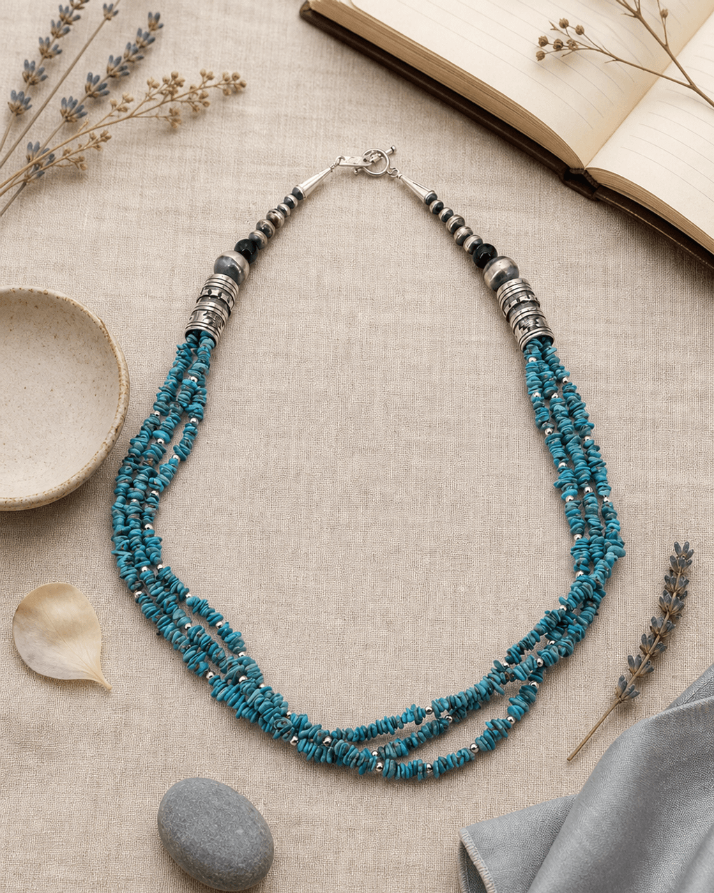 Triple-Strand Turquoise Chip and Sterling Silver Necklace