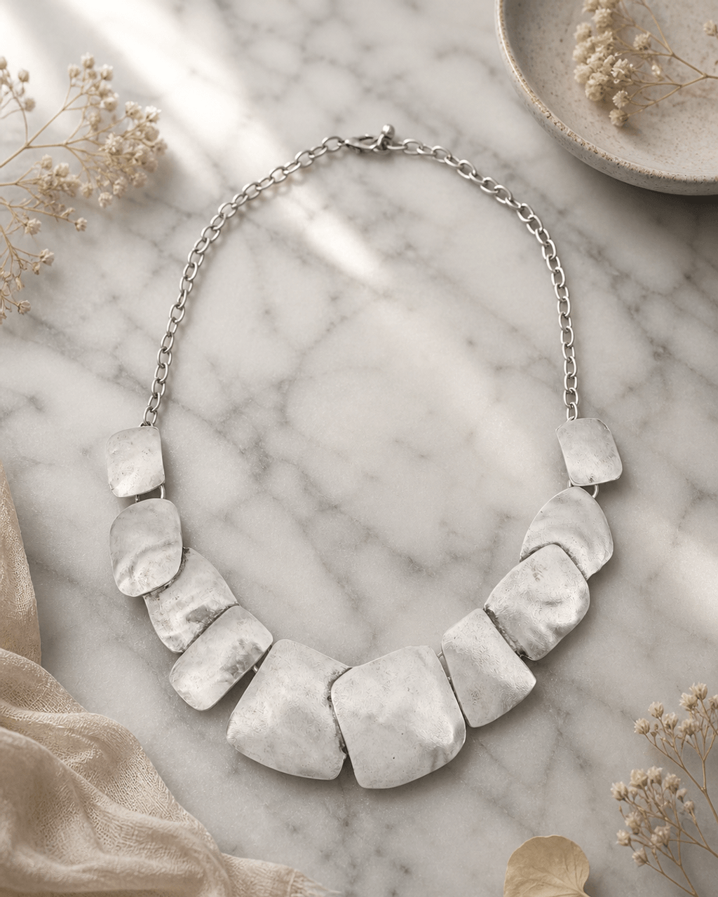 Softened Square Plaque Silver Necklace