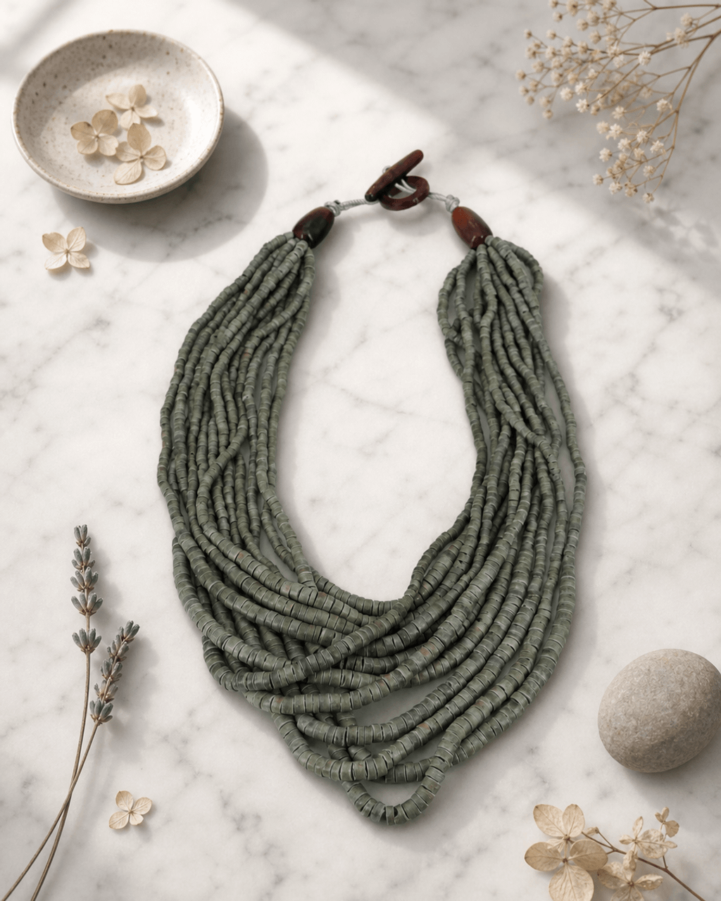 Multi-Strand Coconut Disc Necklace in Sage