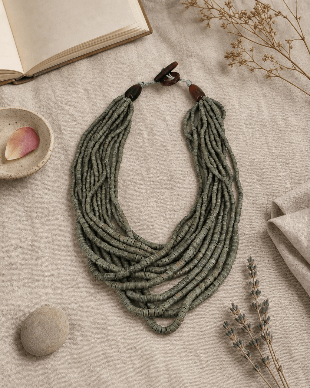 Multi-Strand Coconut Disc Necklace in Sage