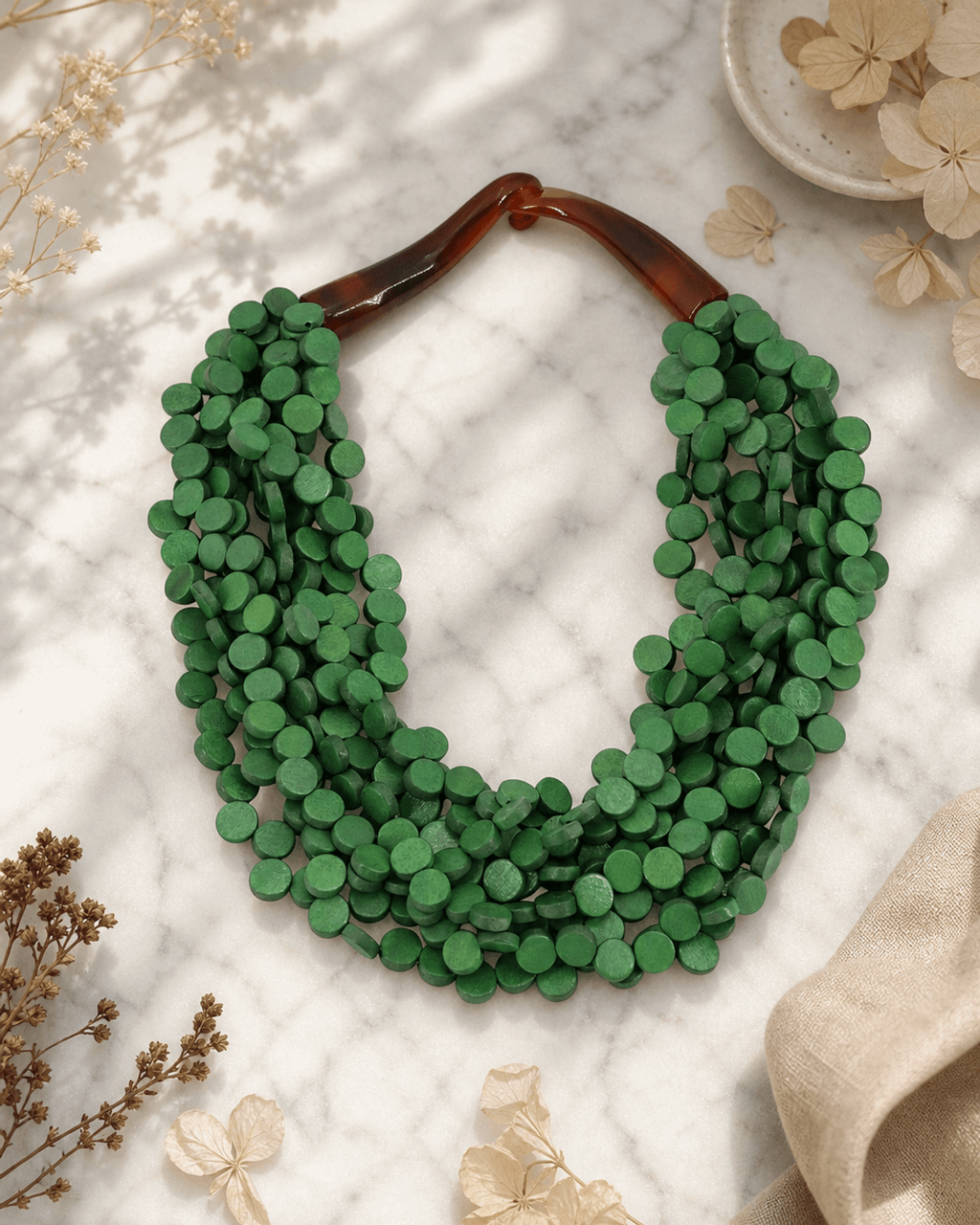 Multi-Strand Green Wood Collar with Horn Hook