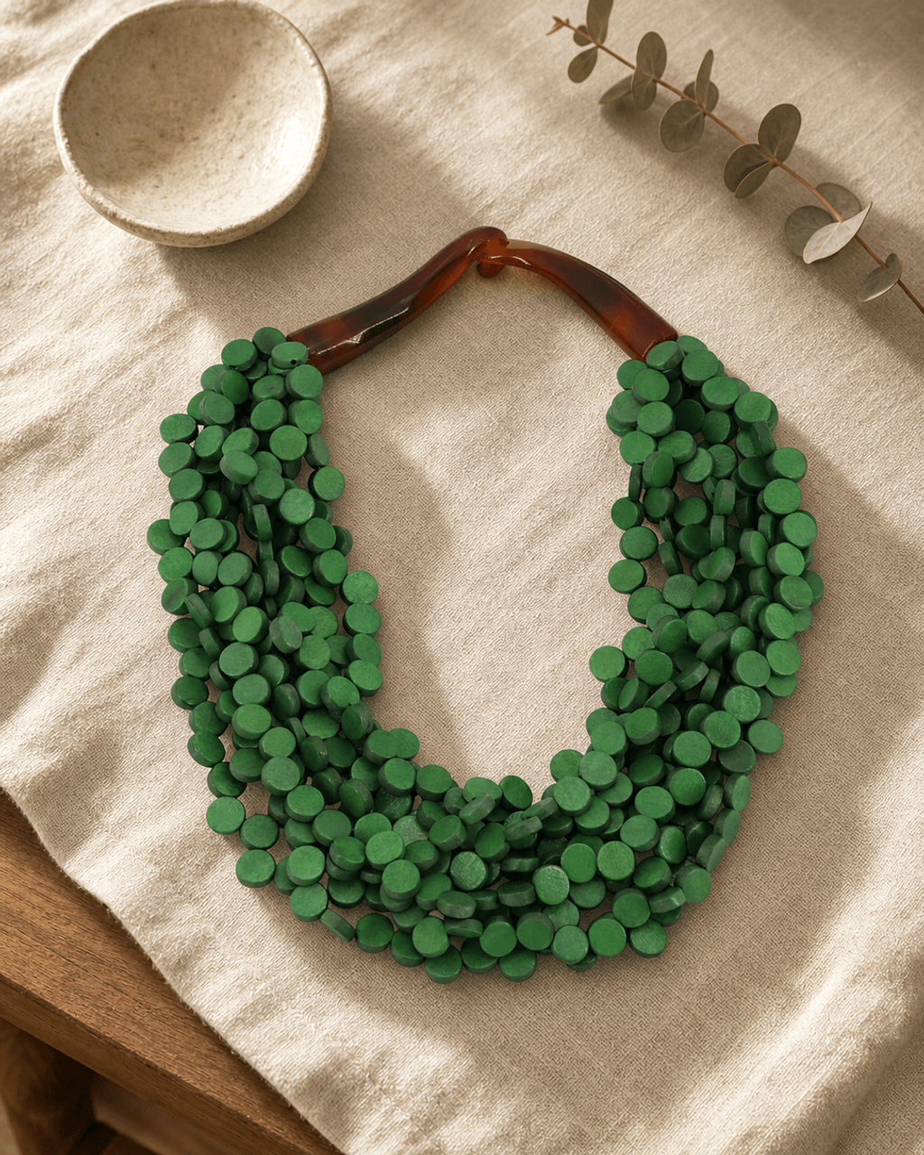 Multi-Strand Green Wood Collar with Horn Hook