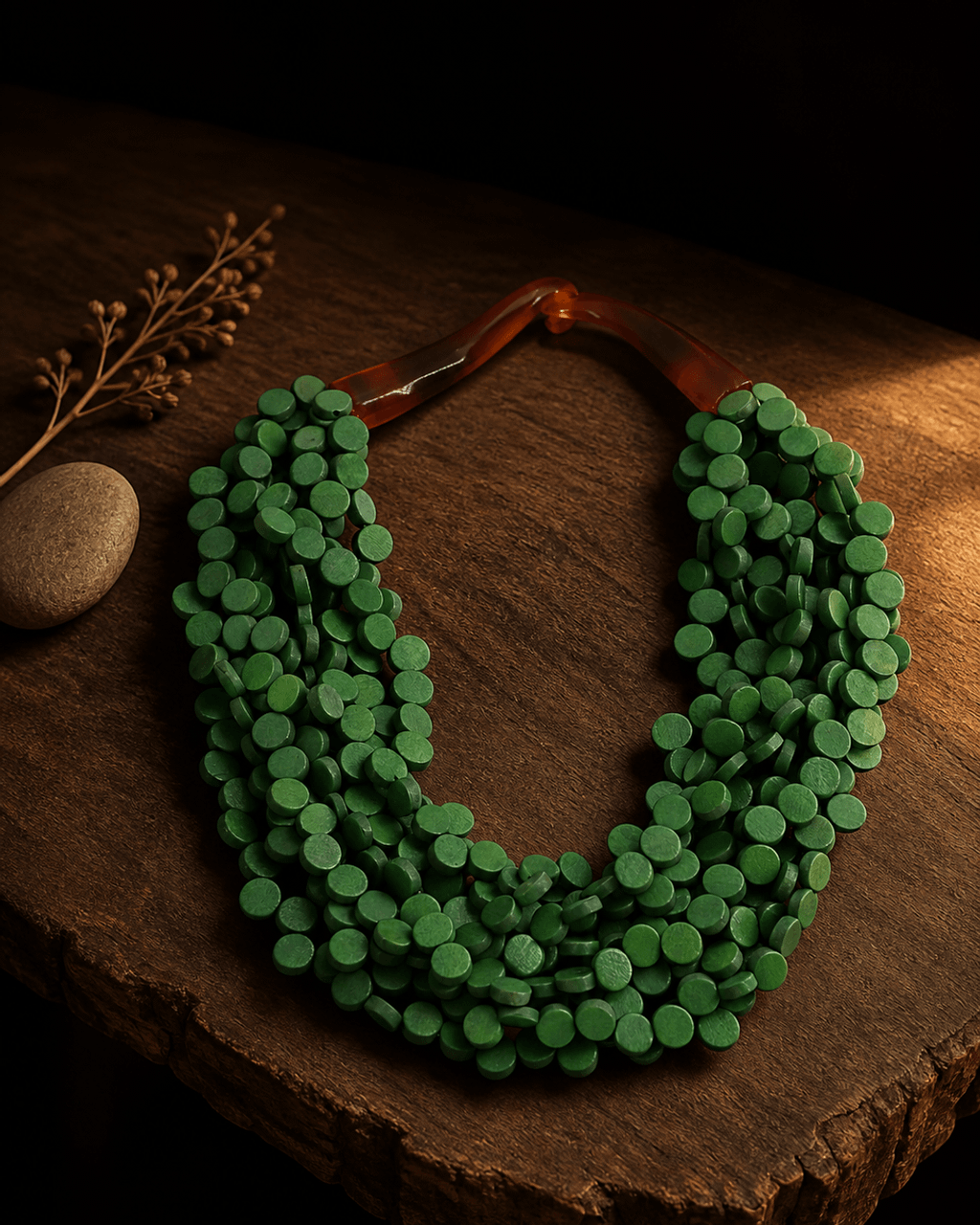 Multi-Strand Green Wood Collar with Horn Hook