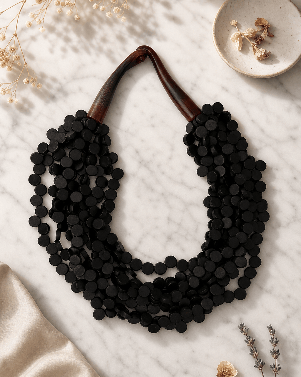 Multi-Strand Black Wood Disc Collar