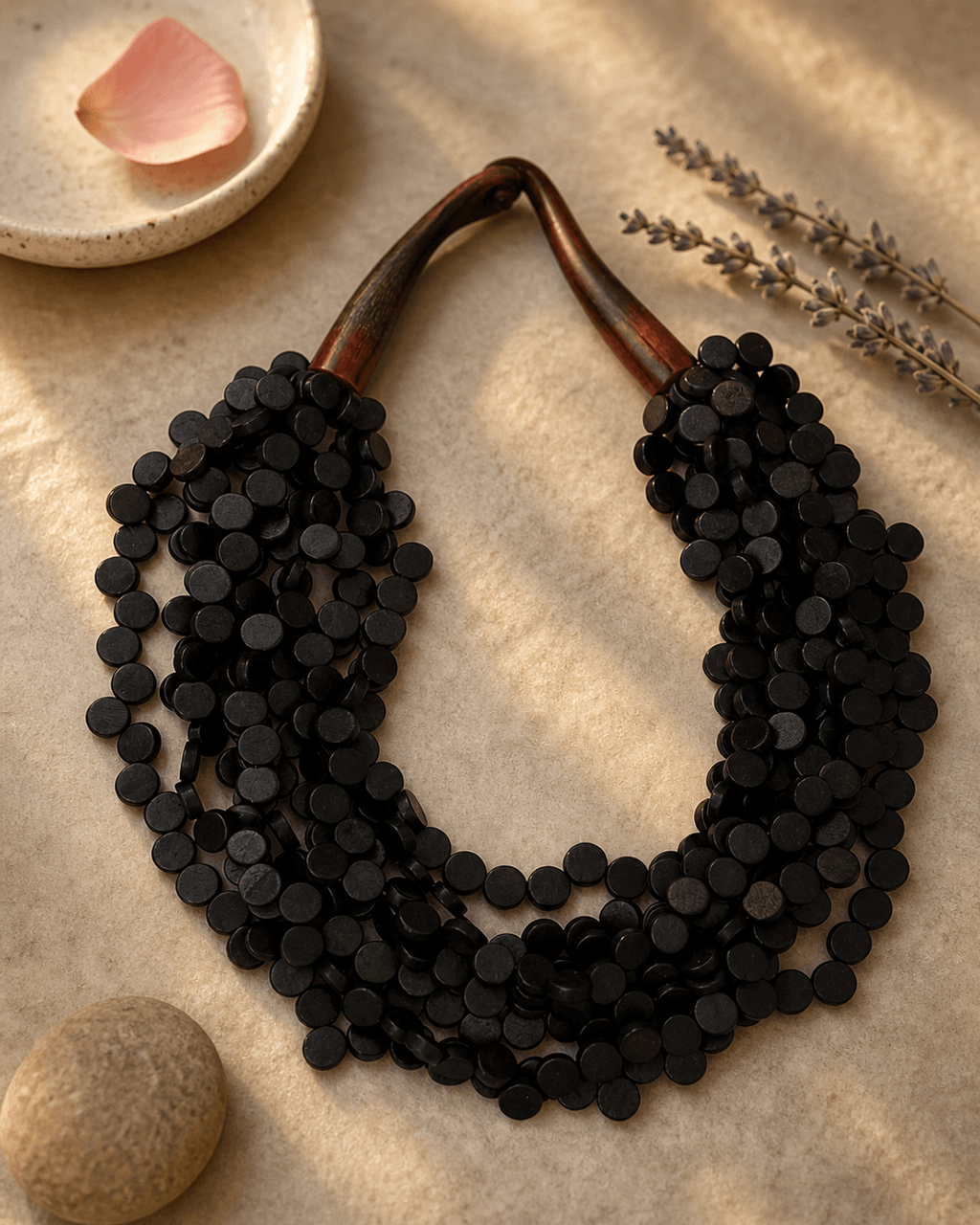 Multi-Strand Black Wood Disc Collar