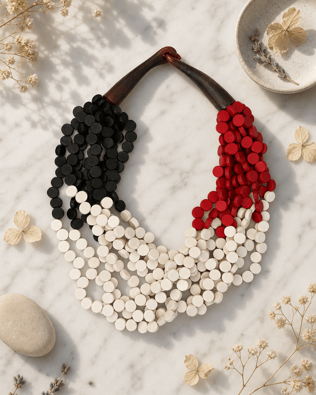 Color-Blocked Wood Disc Bib Necklace in Black, Red and Cream