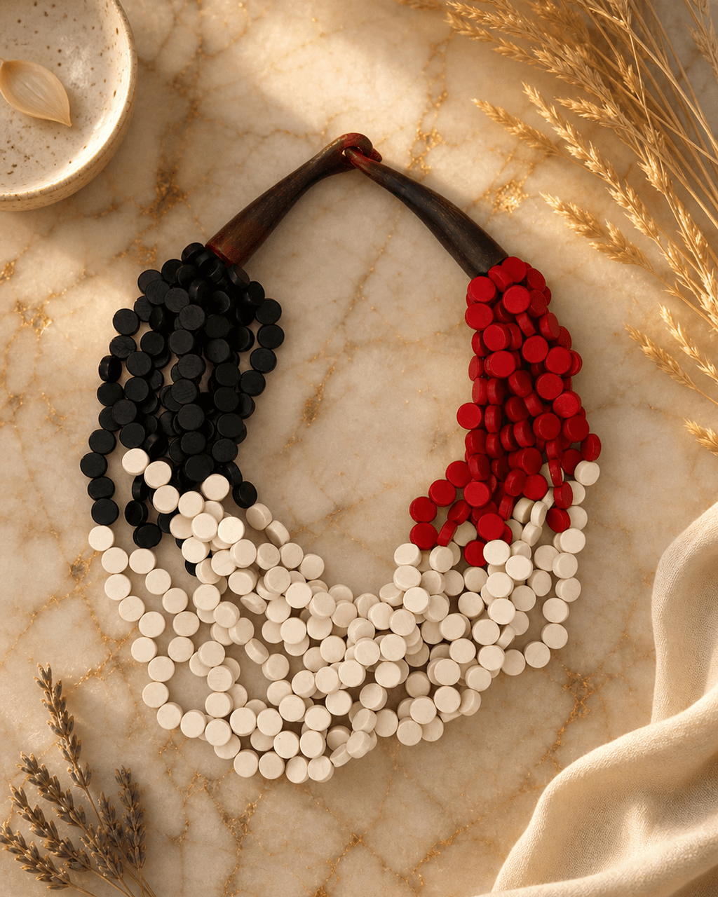 Color-Blocked Wood Disc Bib Necklace in Black, Red and Cream