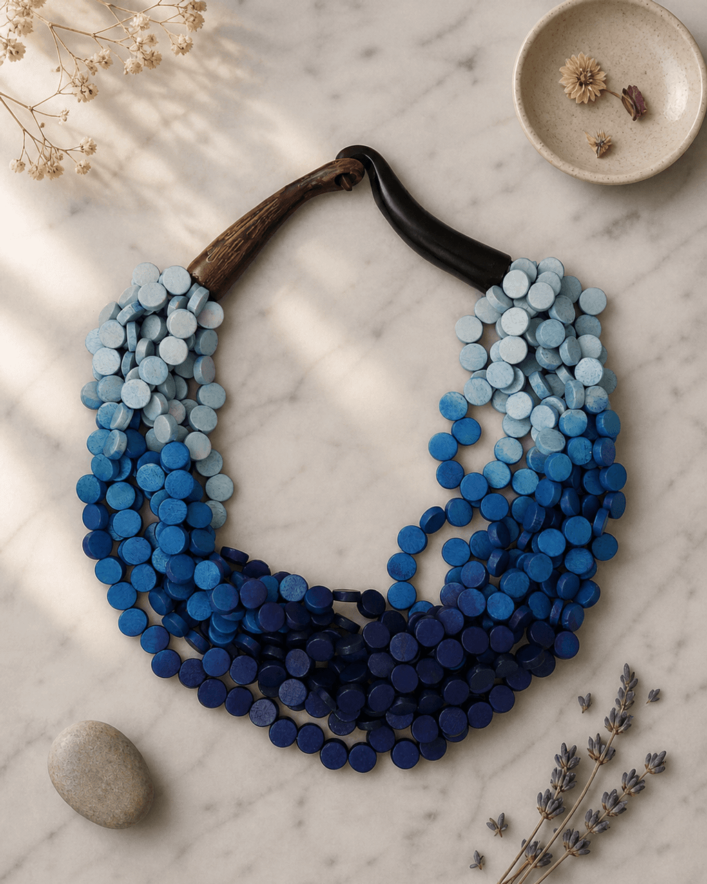 Indigo Gradient Wood Disc Bib Necklace