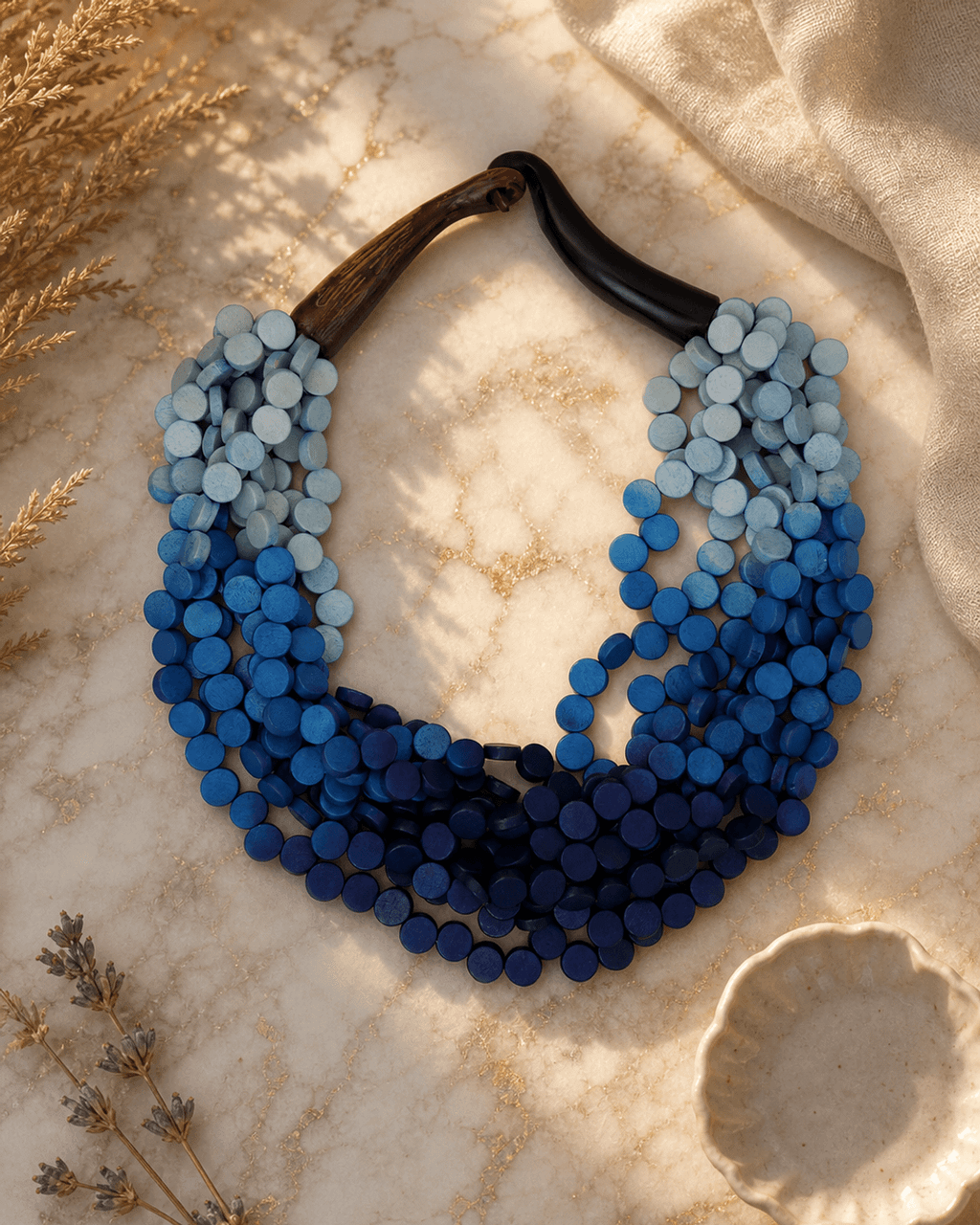 Indigo Gradient Wood Disc Bib Necklace