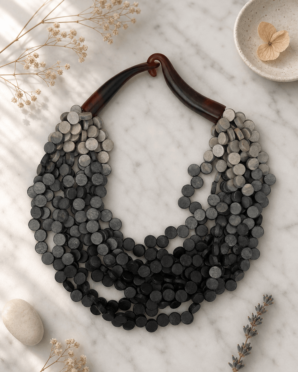 Gray Ombré Wooden Disc Multi-Strand Necklace