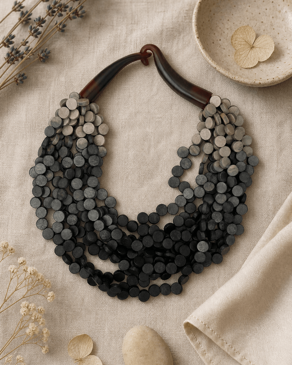 Gray Ombré Wooden Disc Multi-Strand Necklace