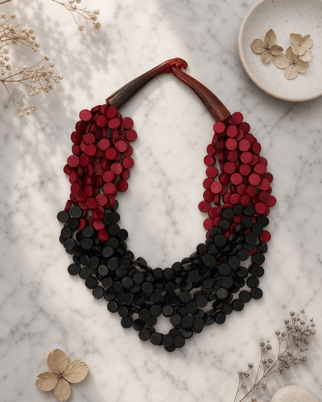Twisted Multi-Strand Wood Necklace in Red and Black