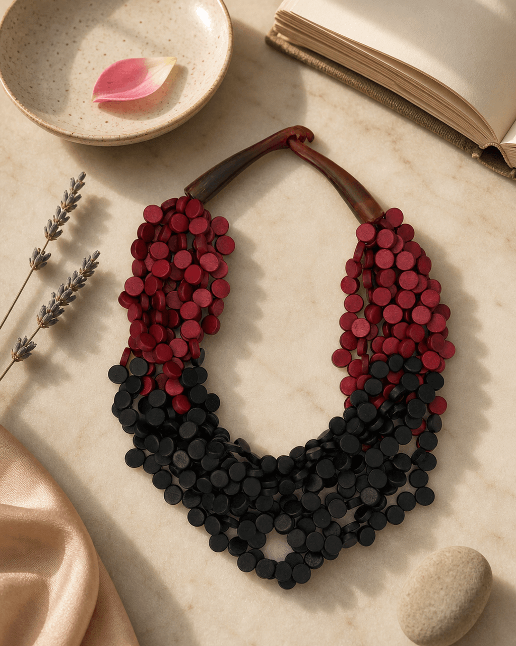 Twisted Multi-Strand Wood Necklace in Red and Black