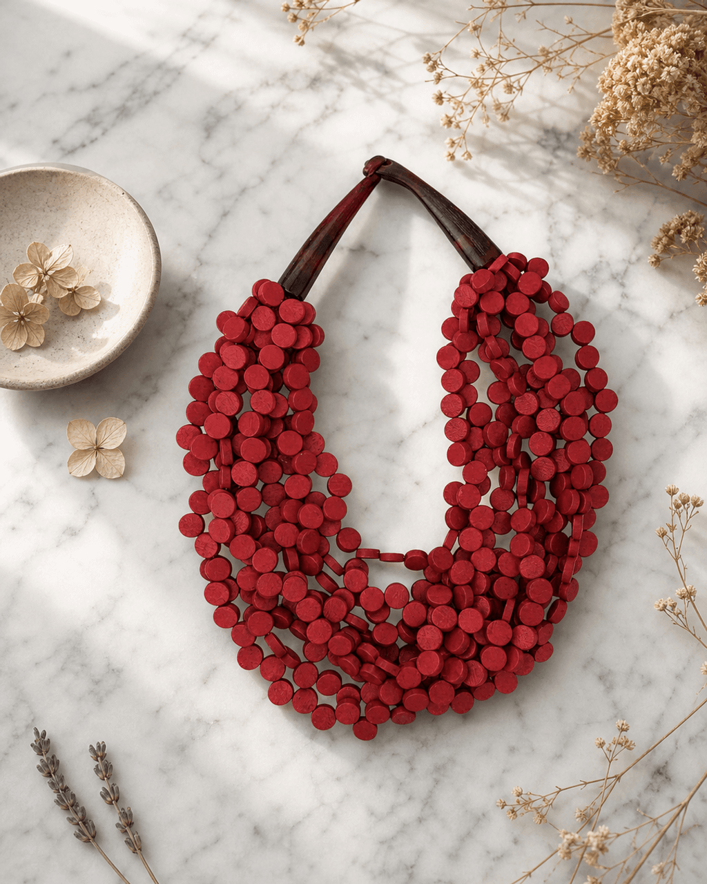 Red Wood Disc Multi-Strand Collar