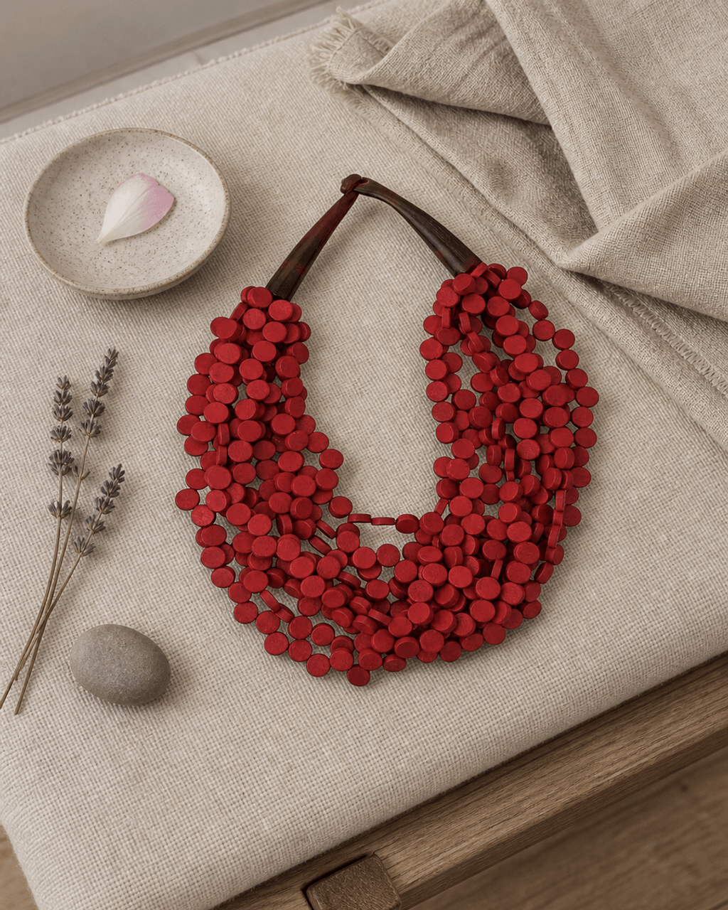 Red Wood Disc Multi-Strand Collar