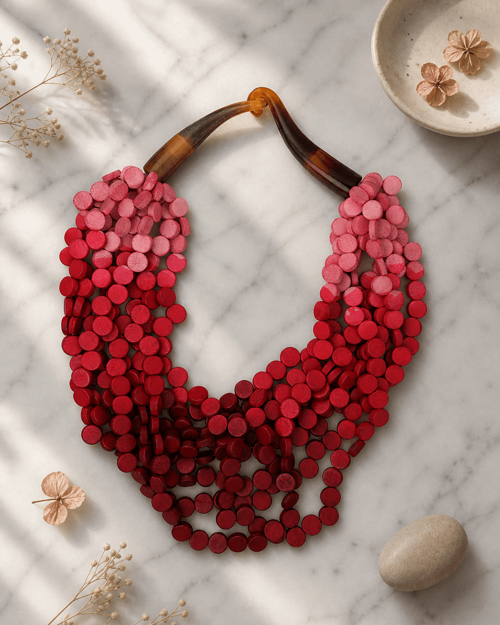 Multi-Strand Wooden Disc Necklace in Pink to Wine