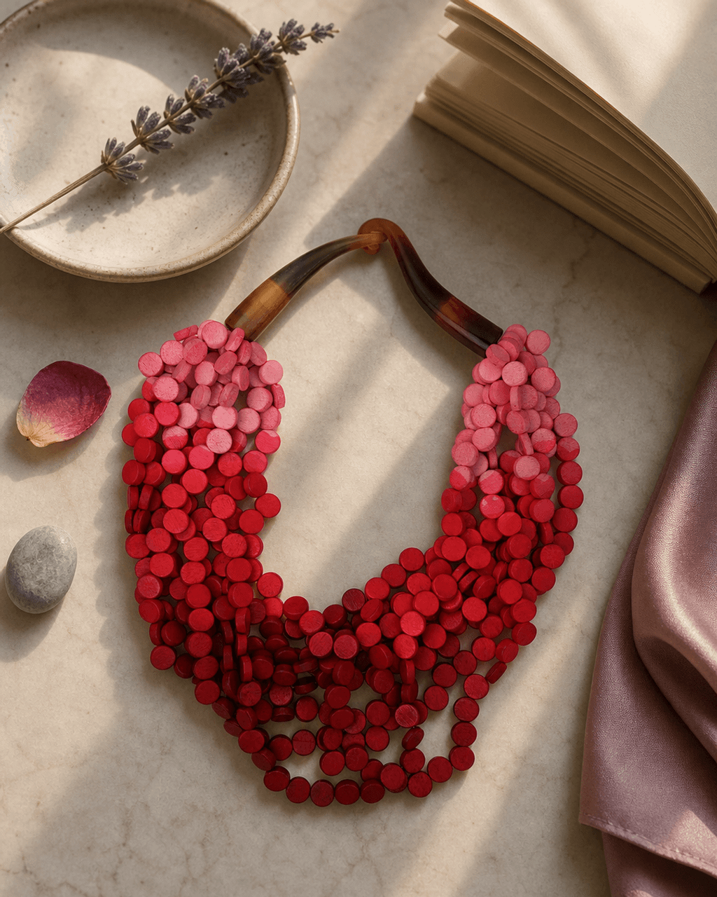 Multi-Strand Wooden Disc Necklace in Pink to Wine