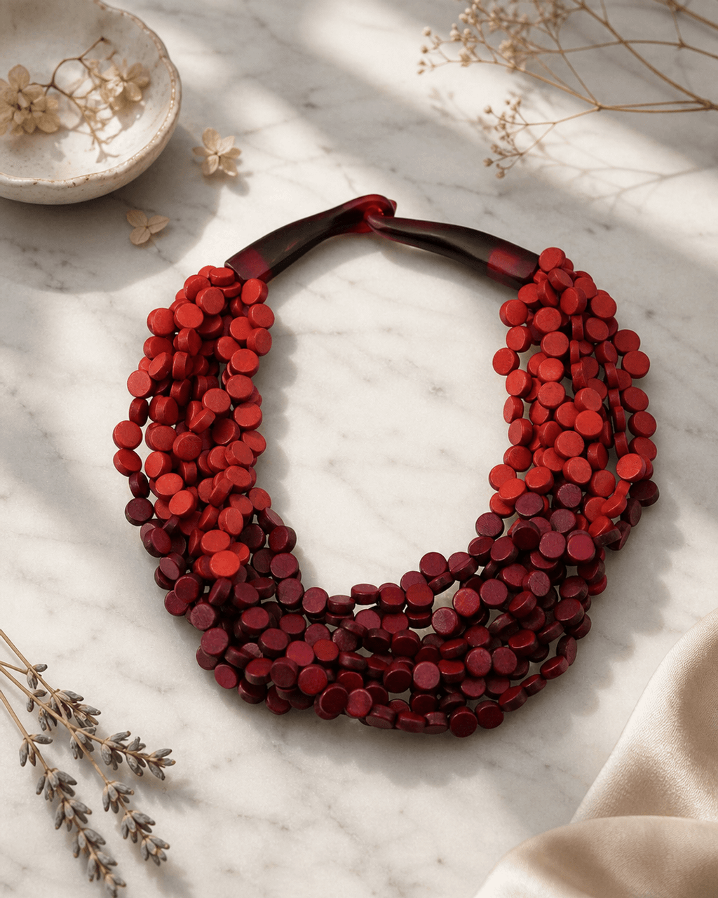 Twisted Wood Disc Necklace, Red to Burgundy