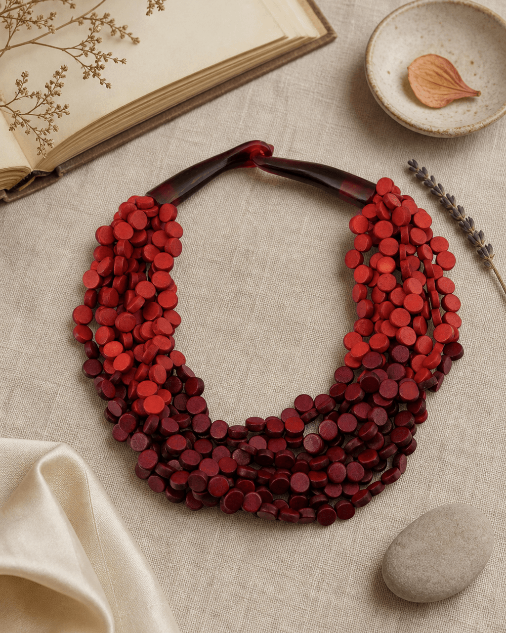 Twisted Wood Disc Necklace, Red to Burgundy