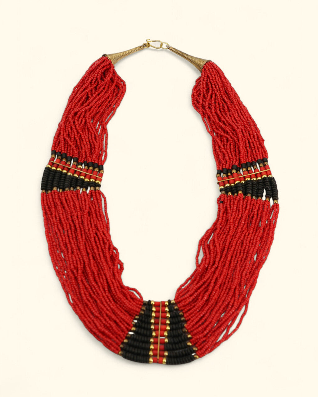 Red Seed Bead Collar Necklace with Black and Gold Panels