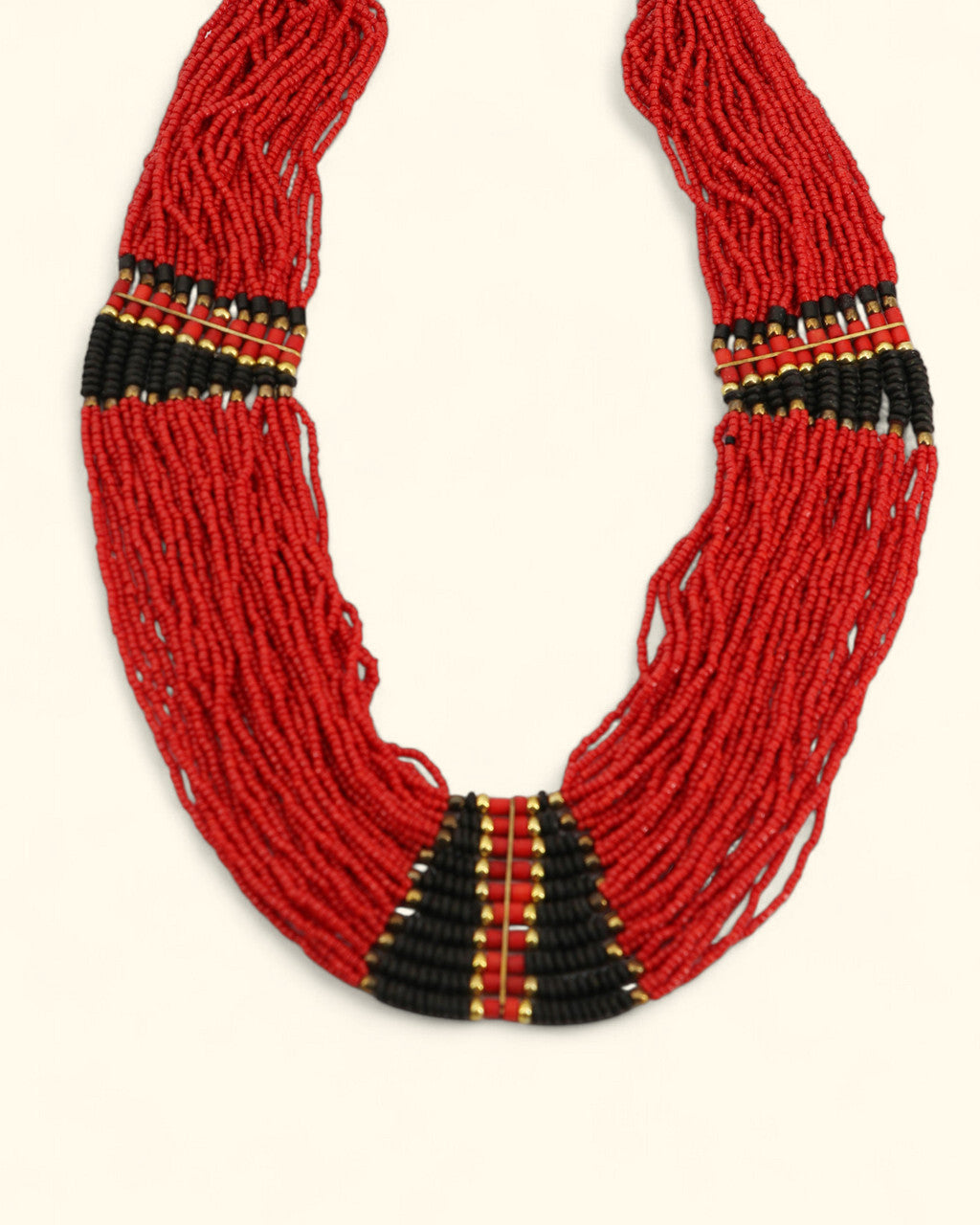 Red Seed Bead Collar Necklace with Black and Gold Panels