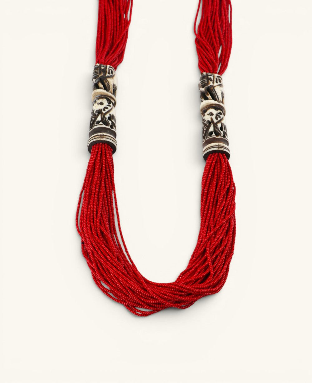 Multi-Strand Red Bead Necklace with Carved Bone Cylinders