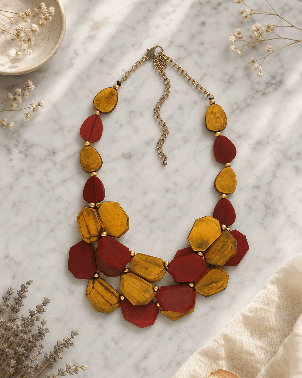 Two-Tier Bib Necklace in Amber and Crimson Horn