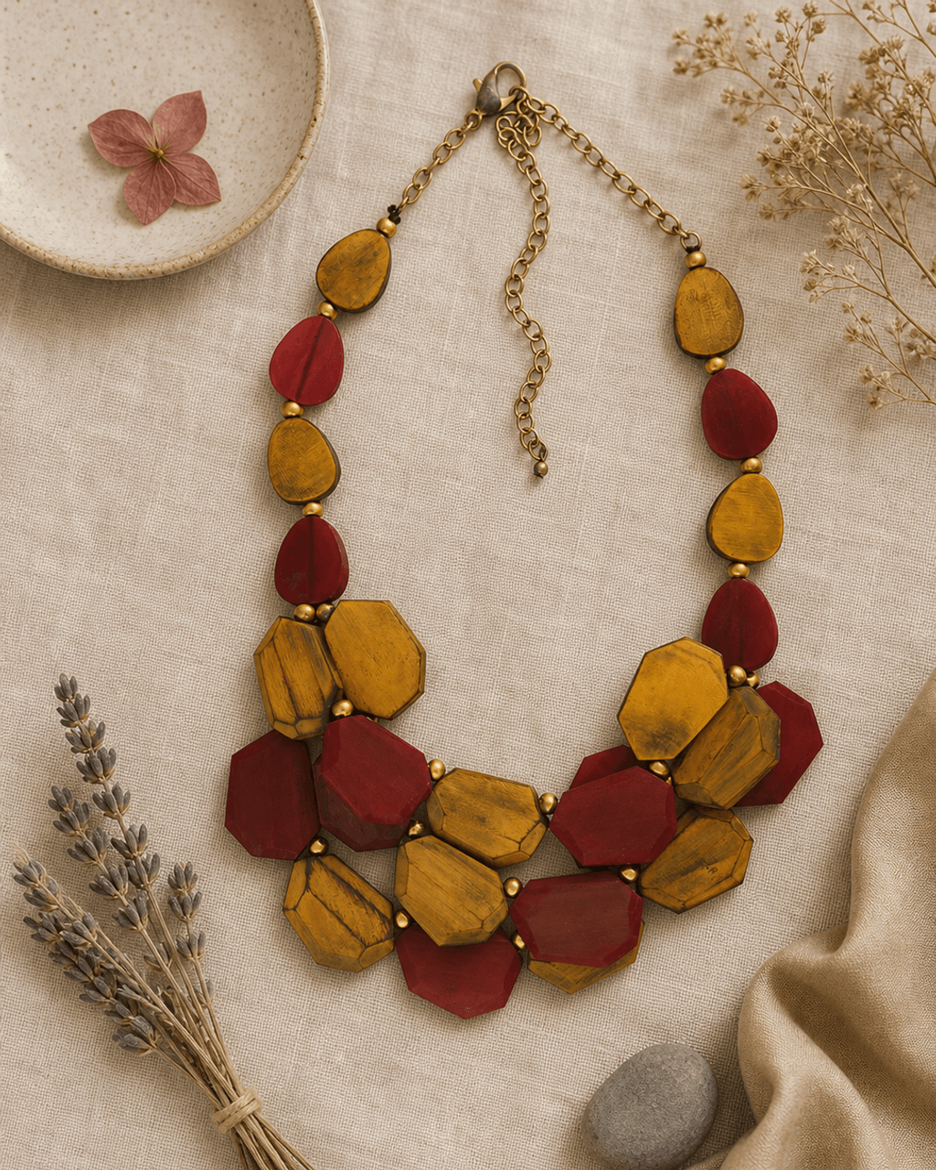 Two-Tier Bib Necklace in Amber and Crimson Horn