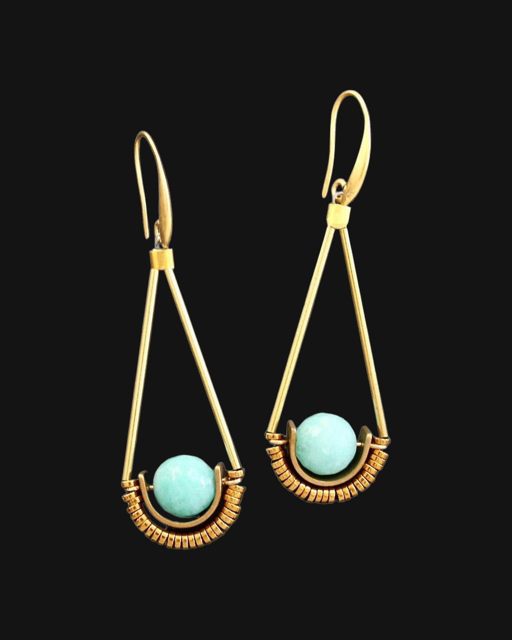 Amazonite sphere drop earrings in long gold triangle frames, hand-wrapped wire made in the USA, on black slate, shown on a black background