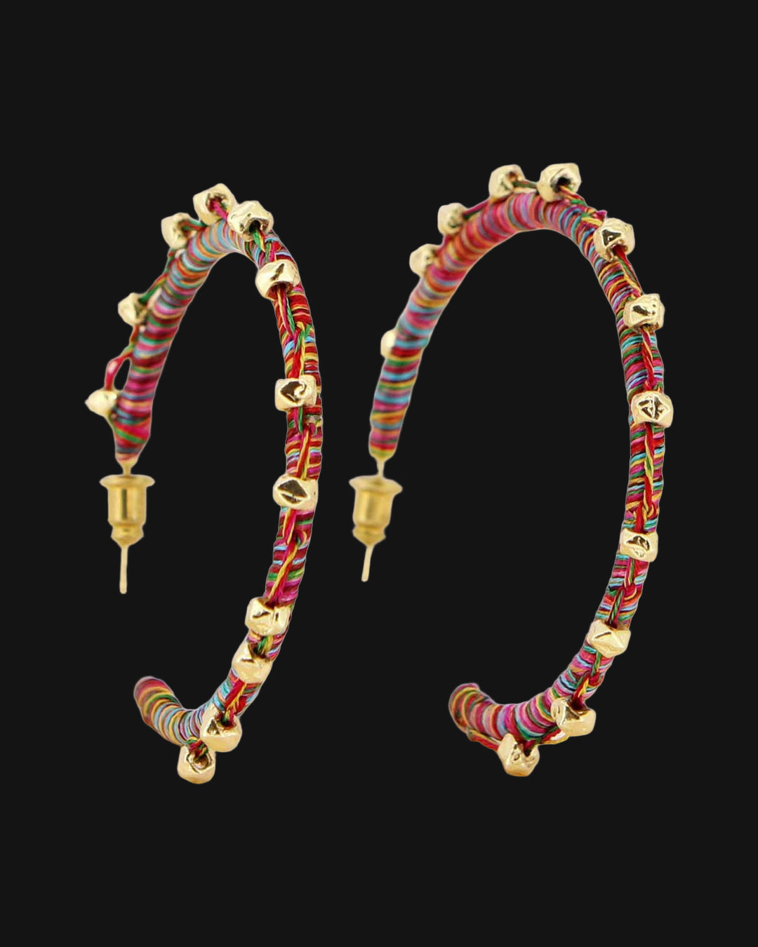Multicolor thread-wrapped hoop earrings with gold-tone beads and post backs, hand thread-wrapped in India, shown on a black background