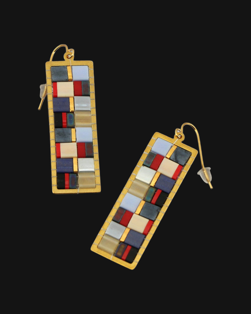 Mosaic Tila bead drop earrings in Blue with navy, cream and red tiles in gold-tone brass frames, shown on a black background