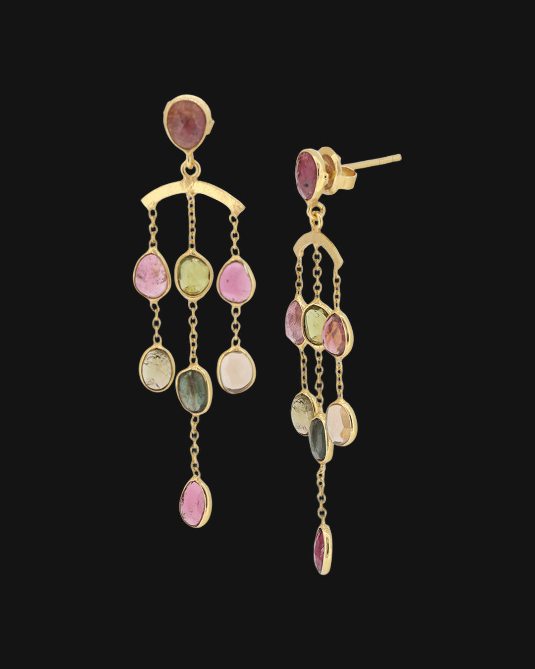 Gold-plated brass chandelier earrings with bezel-set pink, green and peach tourmaline drops, made in India, shown on a black background