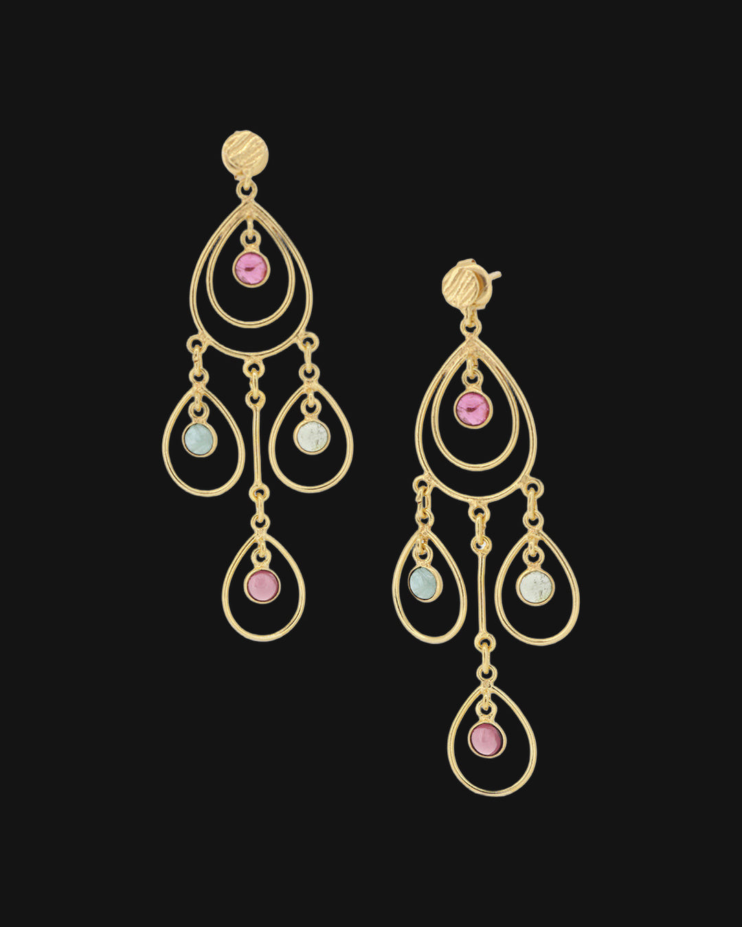 Gold-plated brass nested teardrop chandelier earrings with pink and green tourmaline, handcrafted in India, shown on a black background