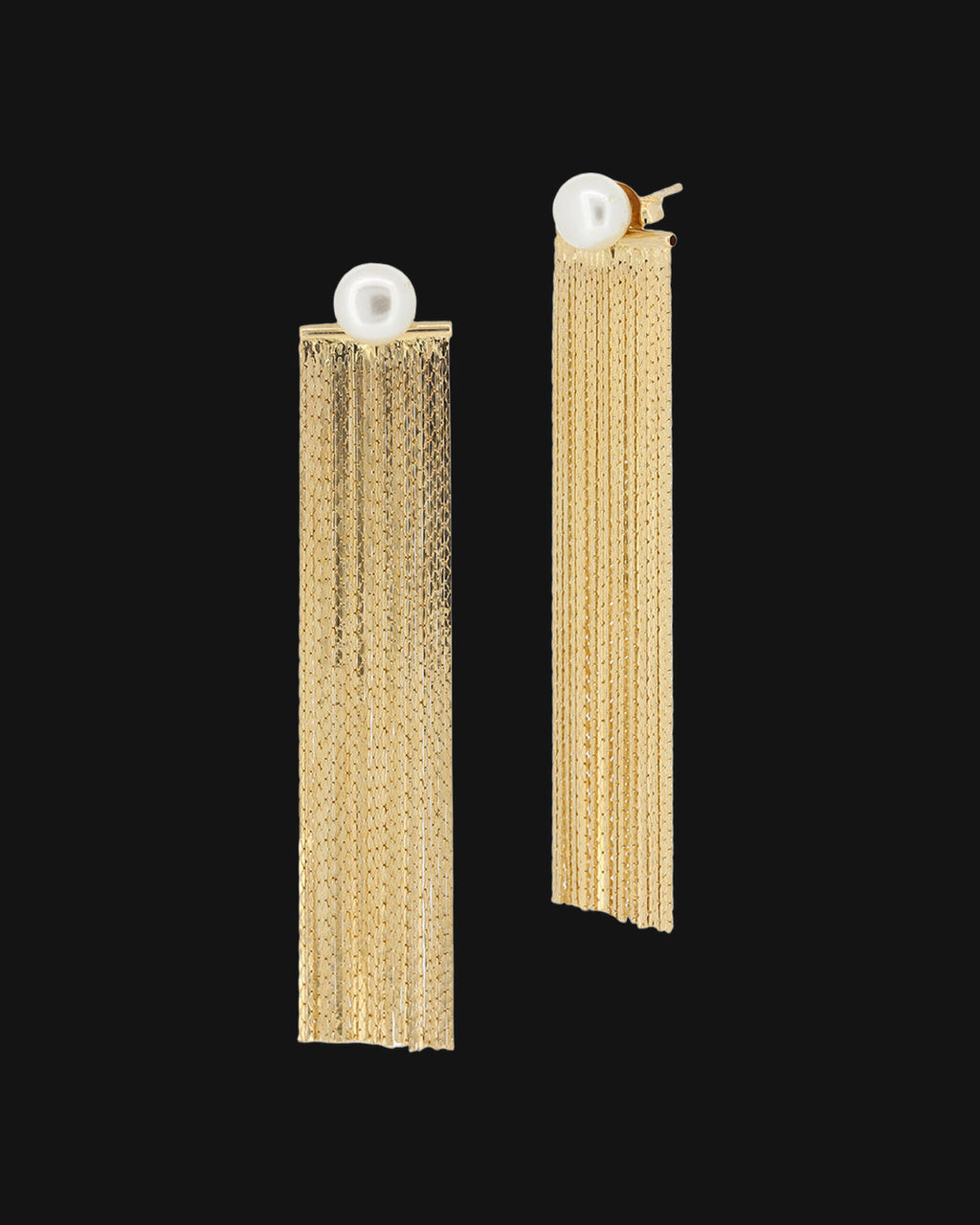 Gold-plated brass chain fringe earrings with detachable pearl studs, made in Brazil, front view, shown on a black background